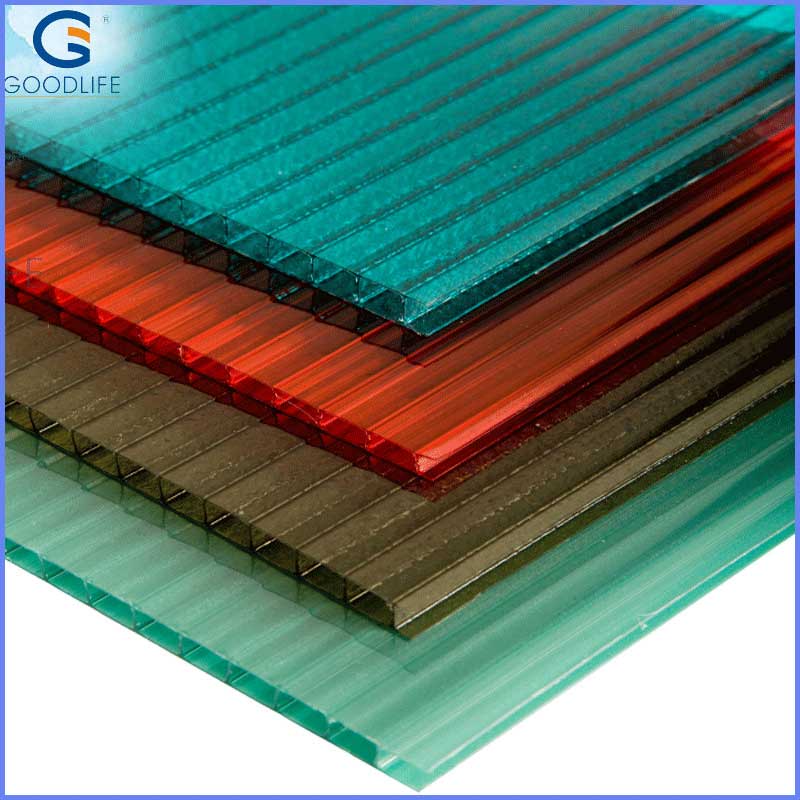 GOODLIFE 4mm twin wall polycarbonate roof panels in red, green, and brown colors for patio and pergola roofing
