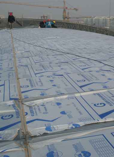 Workers installing Goodlife 3.5mm Solid polycarbonate panels at Shenzhen Bay Sports Center